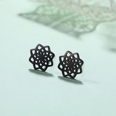 2 Pairs Titanium Steel Black Silver Lotus Mandala Flower Men Women Stud Earrings